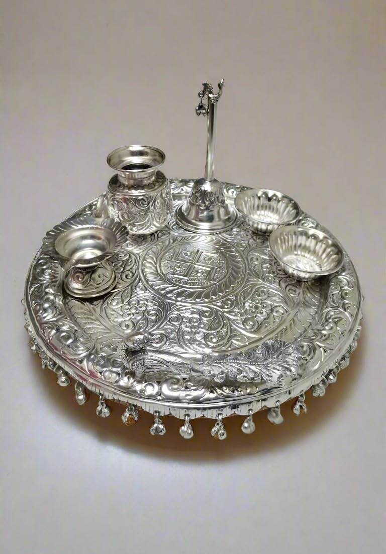 indiancraftsbykanika German Silver Pooja thali Set for Housewarming/Diwali