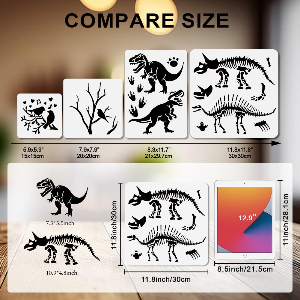 MAYJOYDIY 11 Stück Primitive Dinosaurier Schablonen Dinosaurier Fossilien Malschablone 30×30/29.7×21cm Wiederverwendbare Zeichenvorlage Mit Pinsel Für Wand Boden Holz Papier Album Scrapbook Dekoration