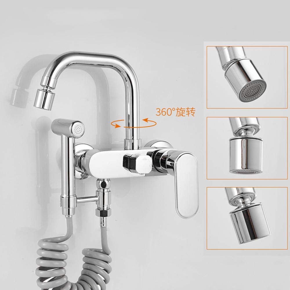 Giratorio de Grifo de Cocina de Pared, Fregadero de Cocina Lavadero Latón Cromado en Pared con Ducha Grifo de Agua Frío y Caliente-Cromo
