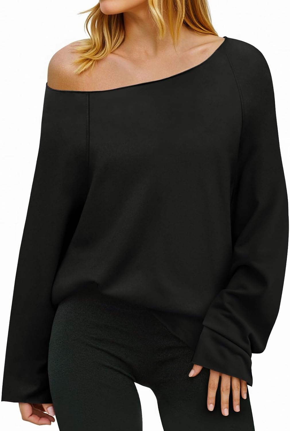 Fisoew Womens Off The Shoulder Tops Sweatshirts Lightweight Oversized Pullovers Long Sleeve Y2k Loose Fit Tunic Tops Black