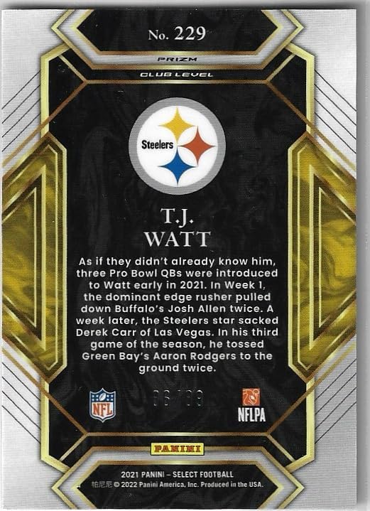 T.J.Watt Serial Numbered #86/89 Dragon Scale Premier Level Prizm Collectible Football Card - 2021 Panini Select Football Card #229 (Steelers)