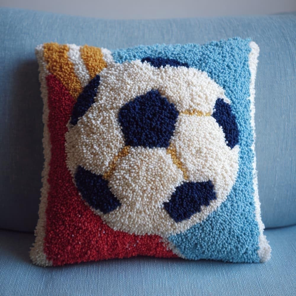 Taxpy DIY Latch Hook Pillow Kit Pre-Printed Hook and Latch Rug Kits Soccer 17X17 Inch.Cross-Stitch Embroidery Cushion Cover for Home Sofa Decoration