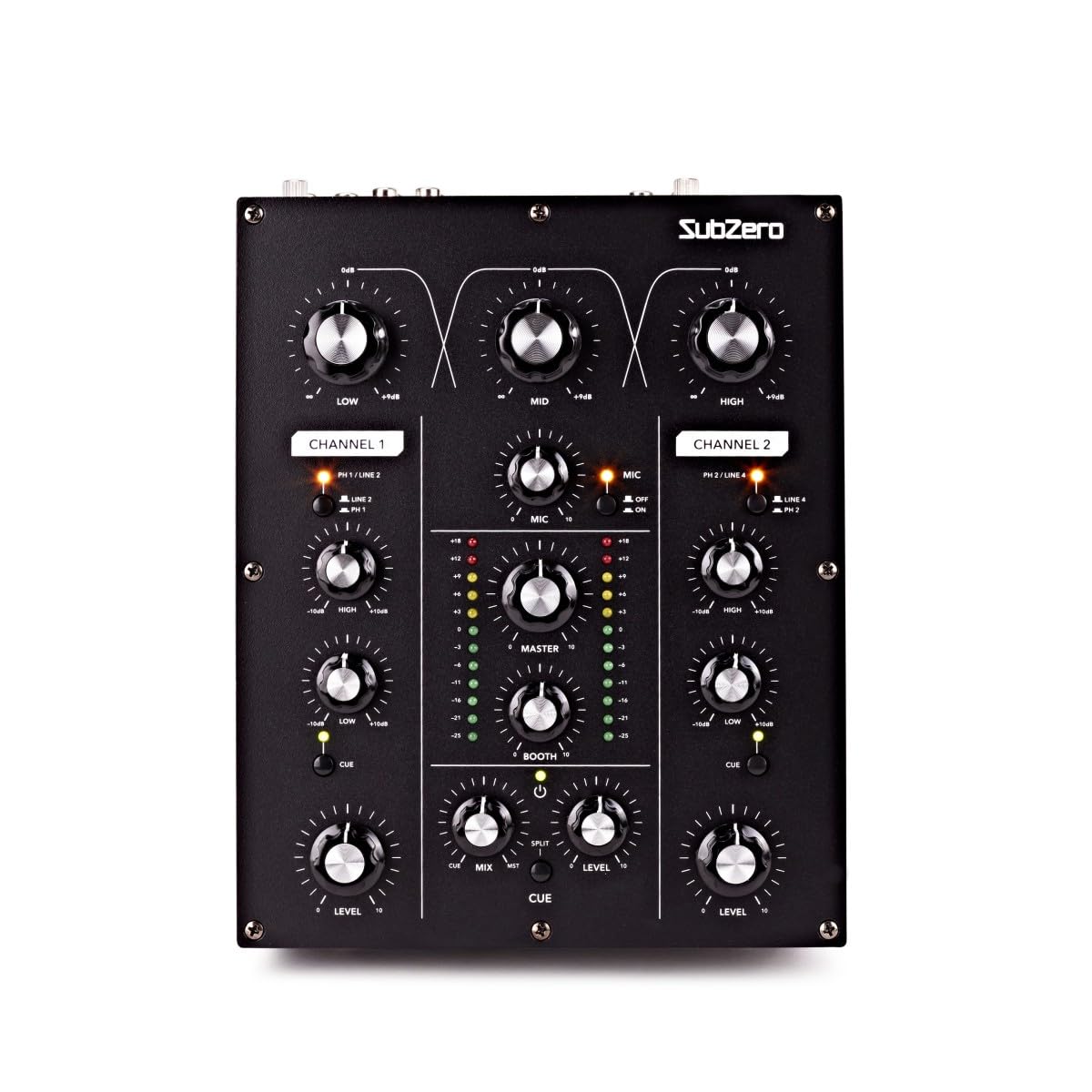 SubZero Mixer DJ rotativo a 2 canali | Per DJ, controlli rotativi per un feeling analogico, EQ 3 bande, monitoraggio cue split, ingresso mic dedicato