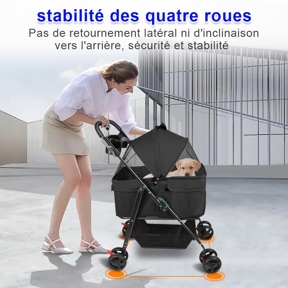 OHMG 3 en 1 Poussette Buggy Pliable Chien Chat,Panier de Rangement Porte-gobelets Tissu 600D Oxford Imperméable 4 Roues Résistant à l'Usure à 360°,Fenêtre en Filet,Porte-gobelet