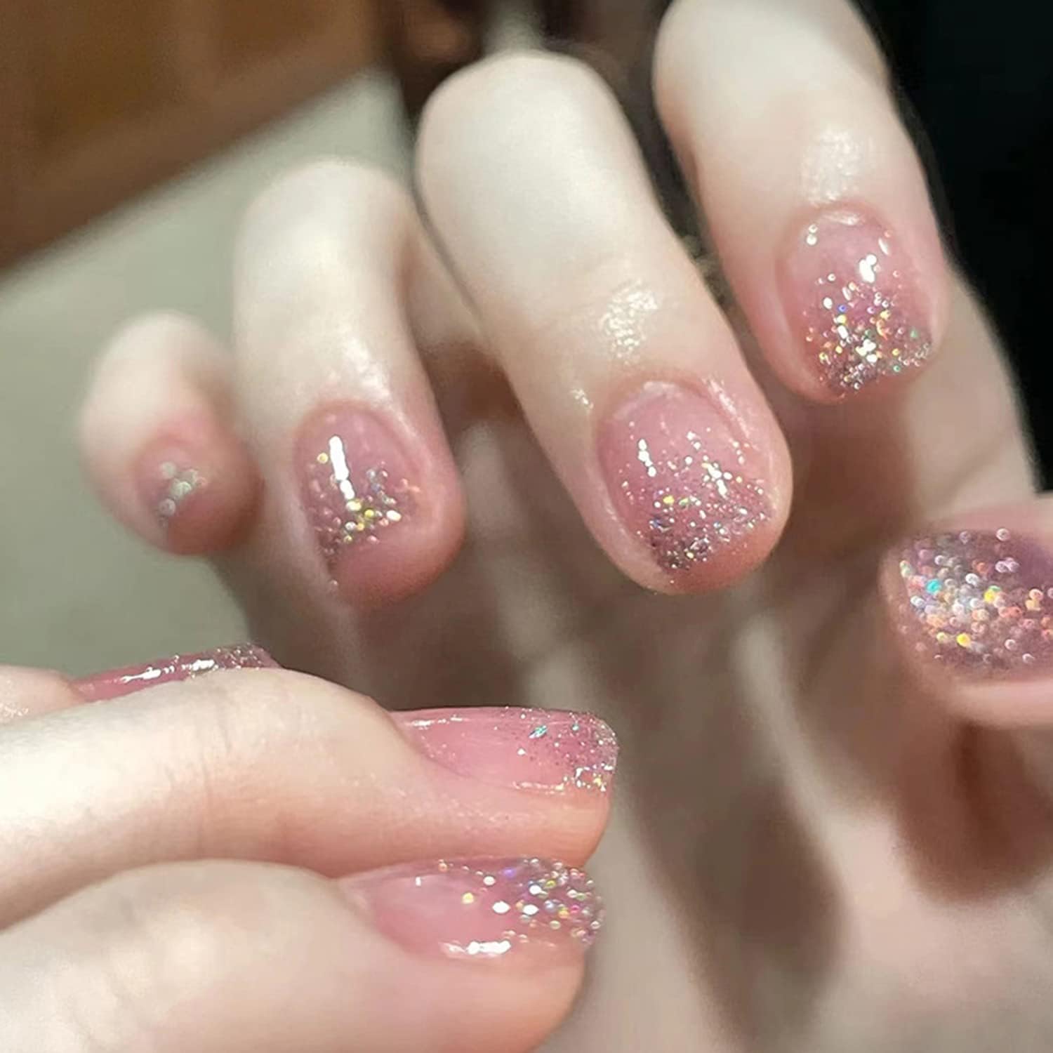 Short Square Press on Nails | Pink Jelly Glitter Gradient Fake Nails | Glossy Nude French Glitter Press-On Nails | Reusable Full Cover Acrylic Stick-On Nails with Glue Tabs | 24 Pieces-image-2