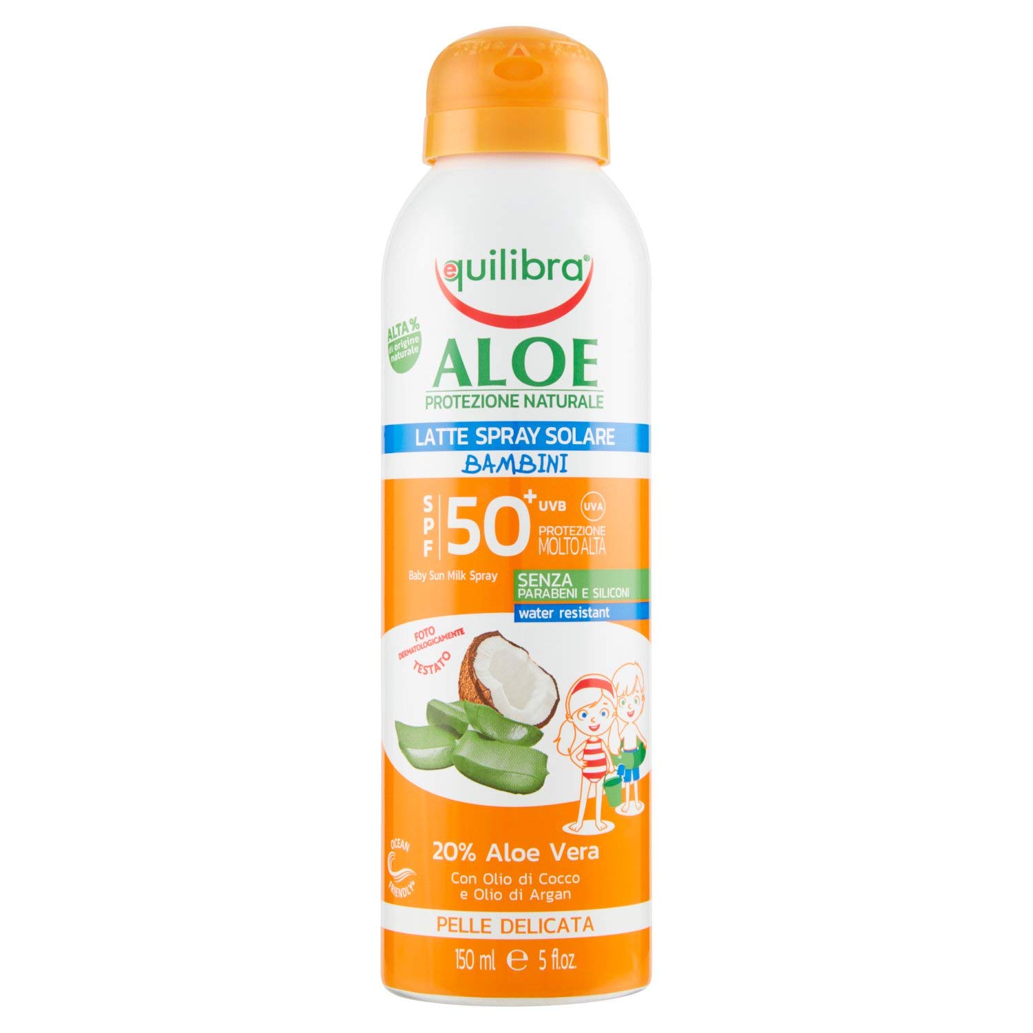 equilibra Solari, Aloe Sonnenspray für Kinder LSF 50+, Sonnenmilch für Kinder mit Aloe Vera, Kokos- und Arganöl, Vitamin E, schützt vor Sonnenbrand und Erythemen, wasserdicht 150 ml