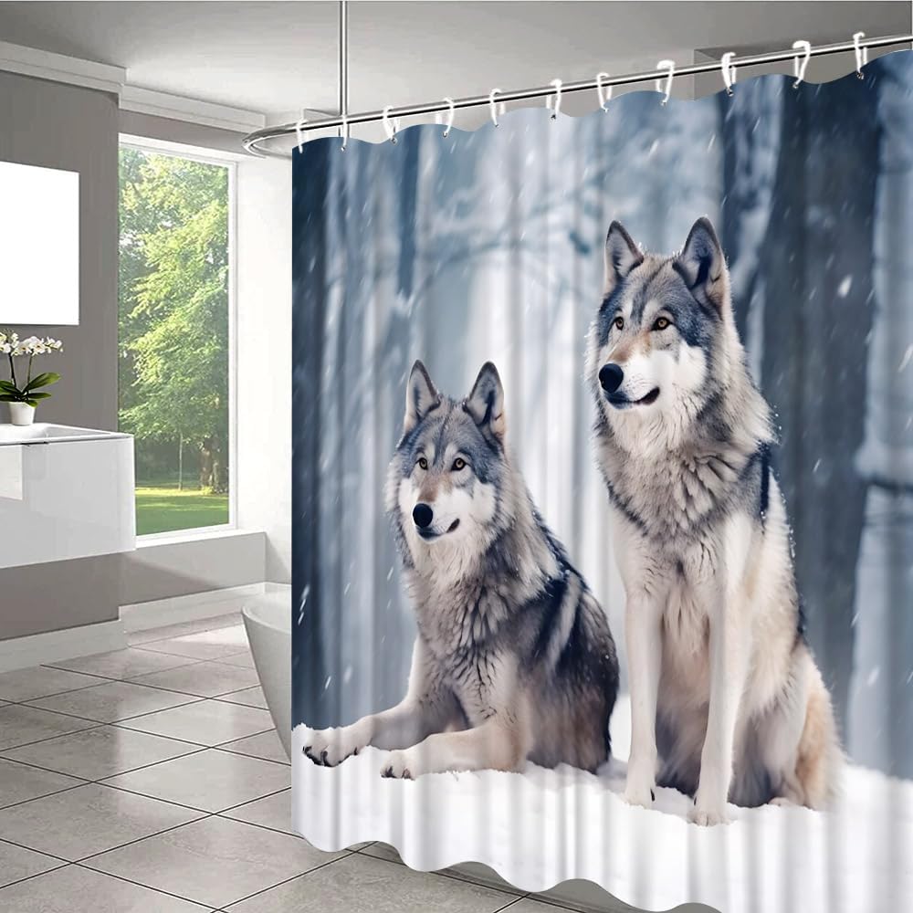 Wolf Shower Curtain Winter Forest Wild Animals Snow Wildlife Polyester Fabric Bathroom Decor Set with Hooks 90Wx70H Inch
