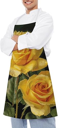 Miniatura 4 de MUSM Yellow Rose ApronClassic Vintage Funny with Pockets Aprons,Adjustable Bib Waterdrop Resistant for Kitchen Cooking Restaurant BBQ Painting