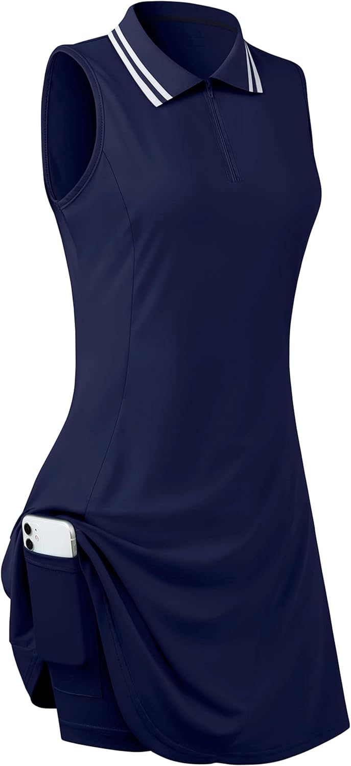 Womens Sleeveless Golf Tennis Dresses with Inner Shorts&Pockets for Workout Exercise
