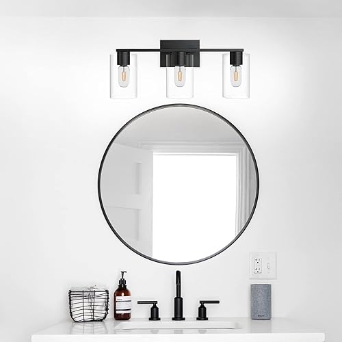 Miniatura 8 de WILON Lámpara de tocador de baño, 3 lámparas negras de luz, luz de tocador moderna con pantalla de vidrio transparente, luces de base E26 sobre