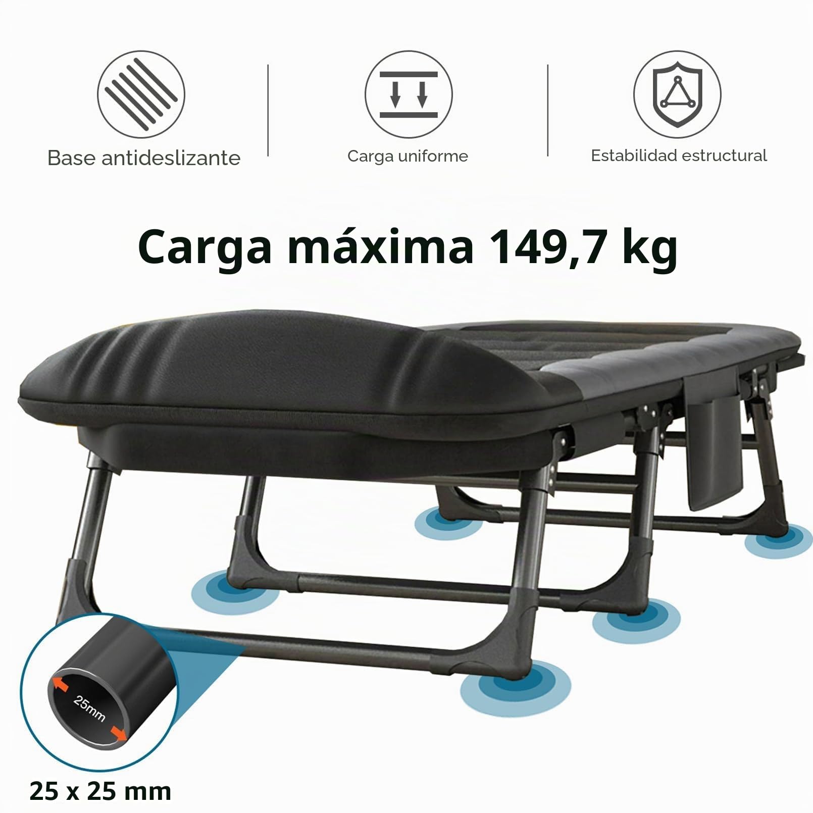 Cama Ultraligera Camping con Bolsillos Laterales, Cama Camping Plegable con Colchon, Respaldo Ajustable en 6 Posiciones, 180 x 65 x 30 cm, Cama de Exterior para Camping y Jardín (Negro)