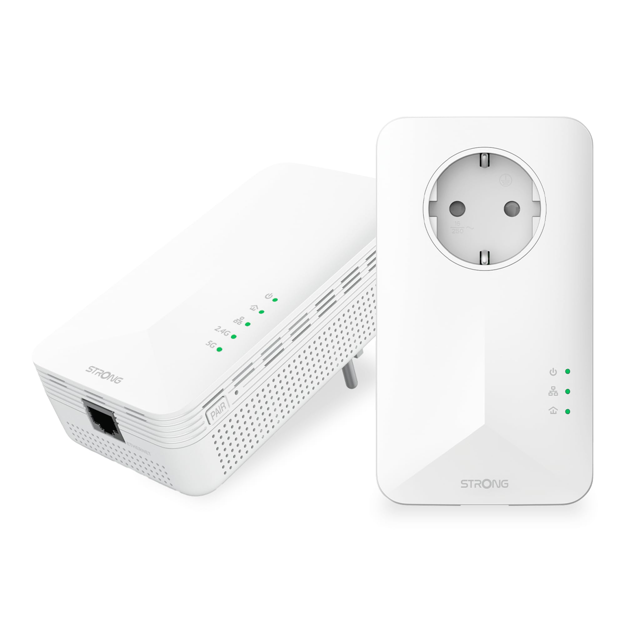 STRONG - Powerline 1000 Duo Wi-Fi EU Set - Powerline 1000 Mbps + WLAN Adapter 1200 Mbps, Fast-Internetzugang - integrierte Steckdose - 300 m Reichweite - Für alle Router - Hotspot + Ethernet - weiß