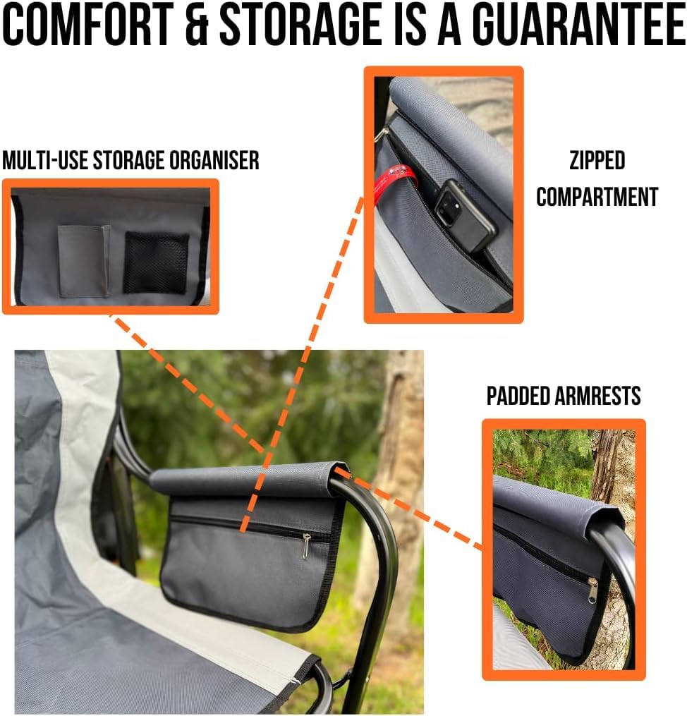 OLPRO Silla de director de lujo, verde y negro, silla de camping plegable con mesa auxiliar, soporte para bebidas y almacenamiento con cremallera, muebles resistentes de director al aire libre para