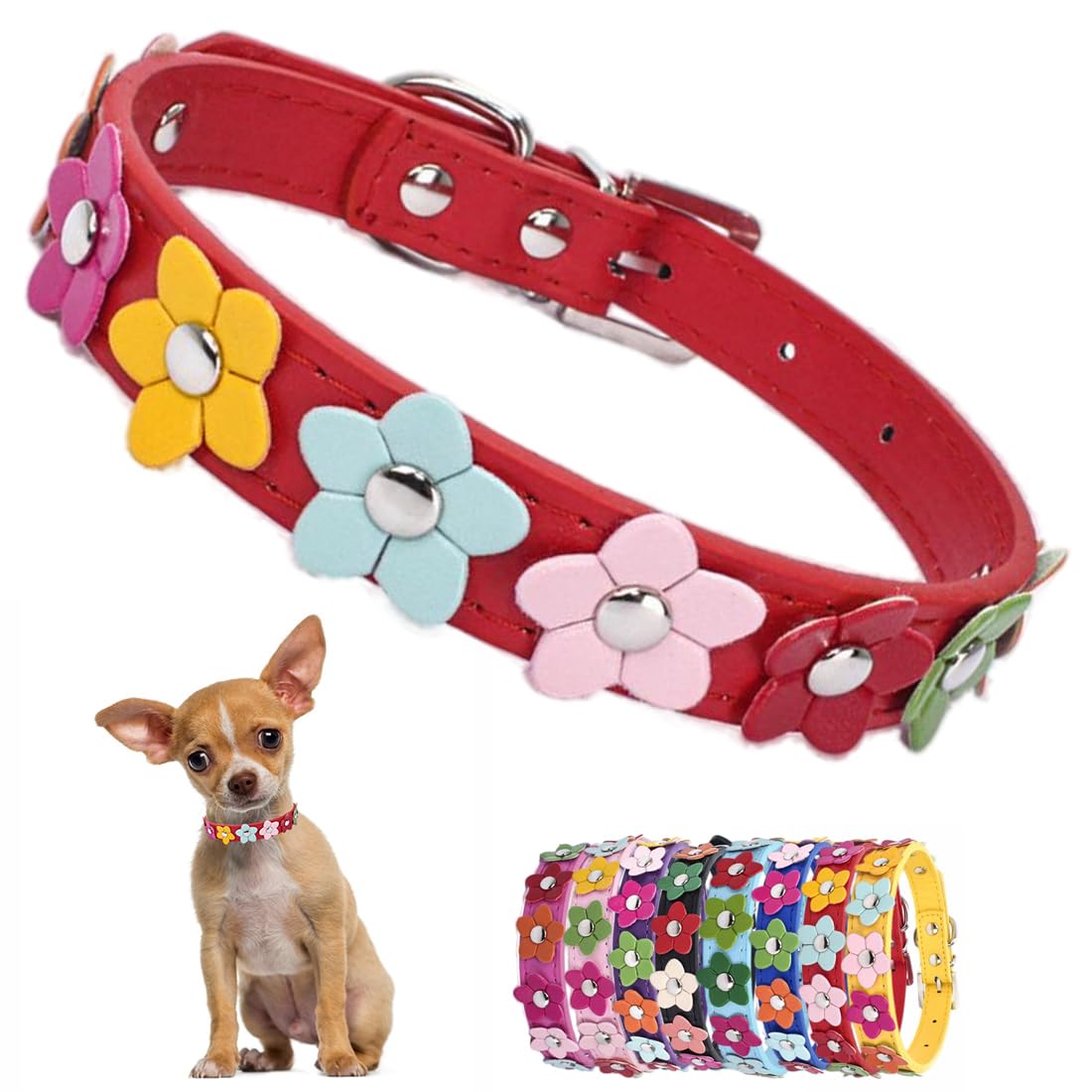 Red Dog Collars with Flower, Fancy Pretty Colorful Floral Faux Leather Cute Girl Puppy Collar for Xs Small Medium Breed Pet Female Dogs Tiny Cats, S
