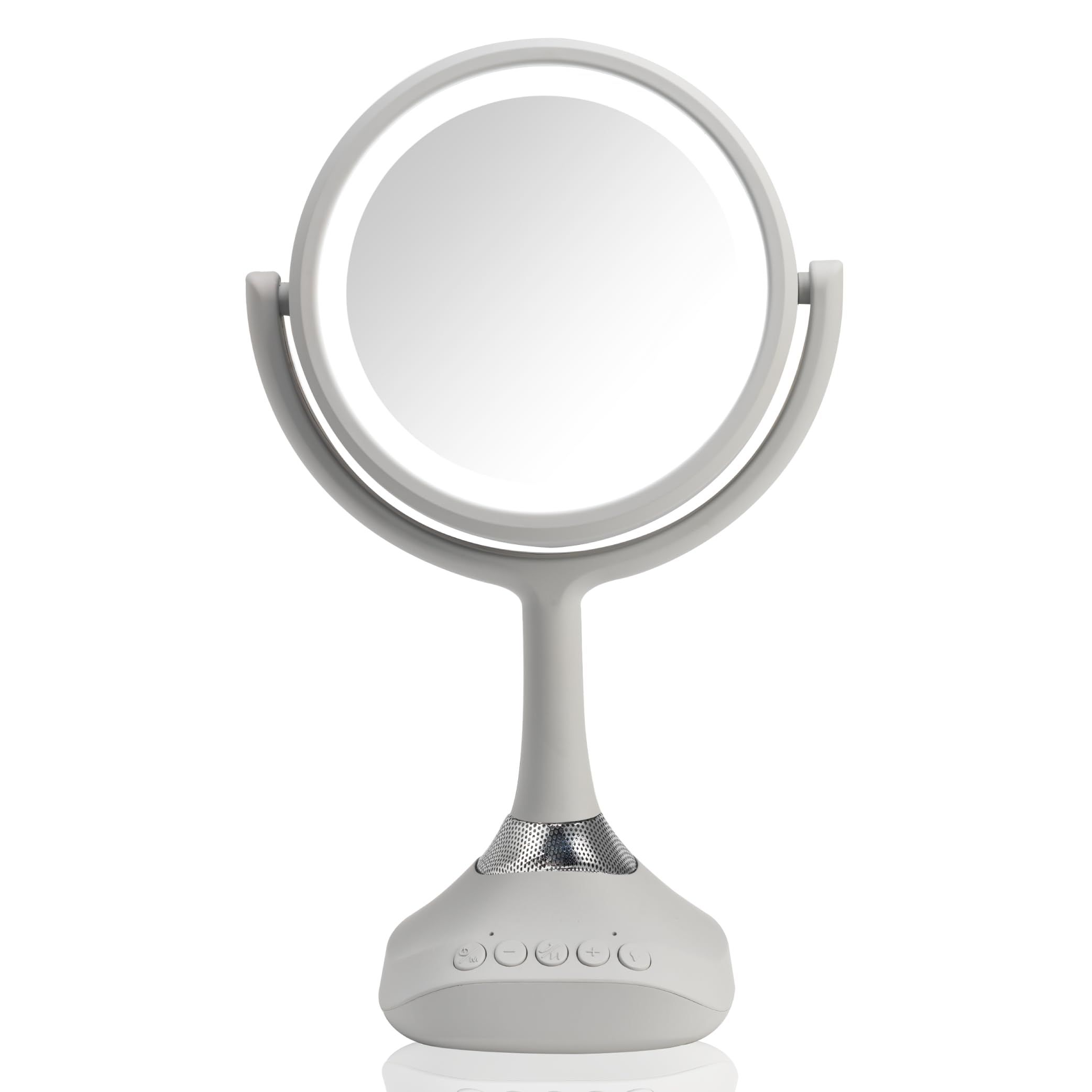 Homewerks 76-101-BT 19,1 cm persönlicher Make-up-Spiegel mit Bluetooth-Lautsprechern und LED-Beleuchtung, Handheld-Bluetooth-Kosmetikspiegel mit Lichtern für Badezimmer, Schlafzimmer oder Reisen