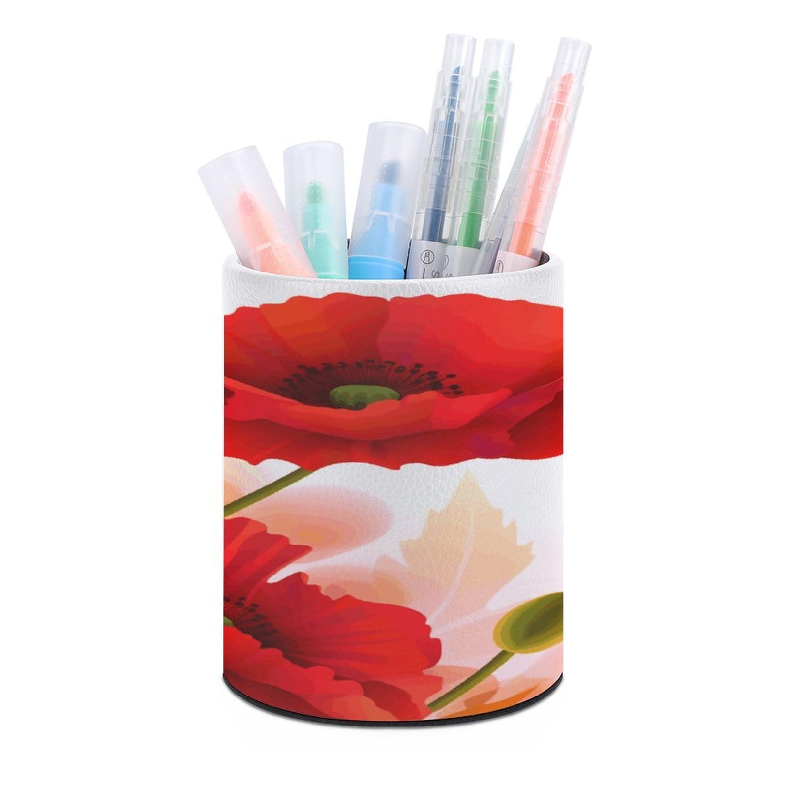 VstaDank Poppy Flowers Vivid Petals Pen Holder Leather Pencil Cup Round Pencil Holder for Desk Organizer Personalized Pen Cup Fashion Pen Organizer Makeup Brush Holders for Office Home&Gift