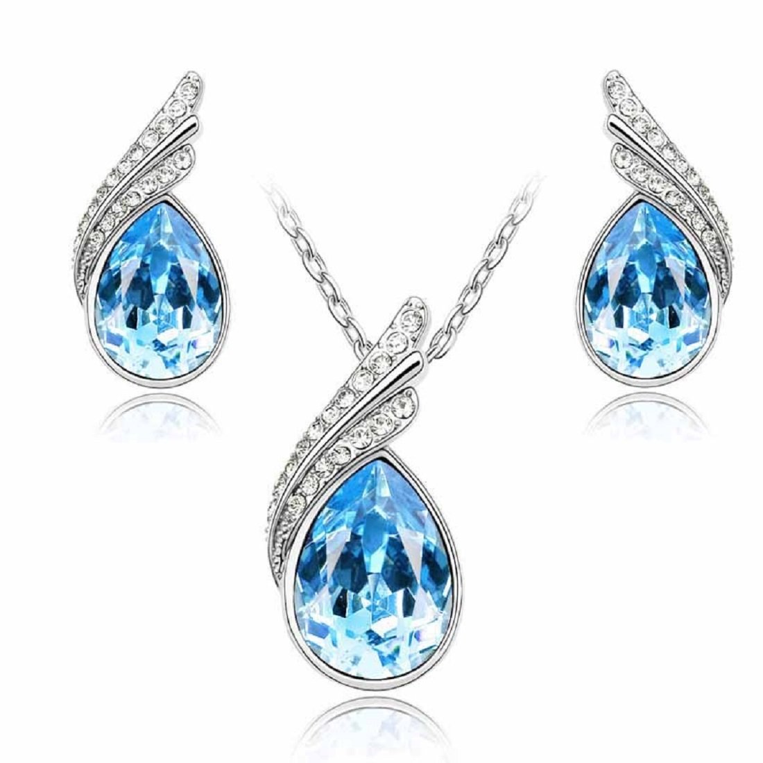Womage 18K White Gold Plated Ocean Blue Austrian Crystal Astra Pendant Set for Women & Girls - Jewl-47