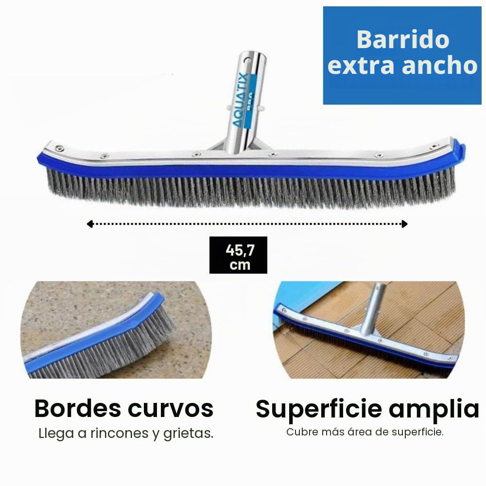 Aquatix Pro Cepillo de Limpieza de Piscina de Aluminio 18 Pulgadas con cerdas de Acero Inoxidable y Clips EZ, Estos cepillos Resistentes limpian Paredes, Azulejos y Suelos sin