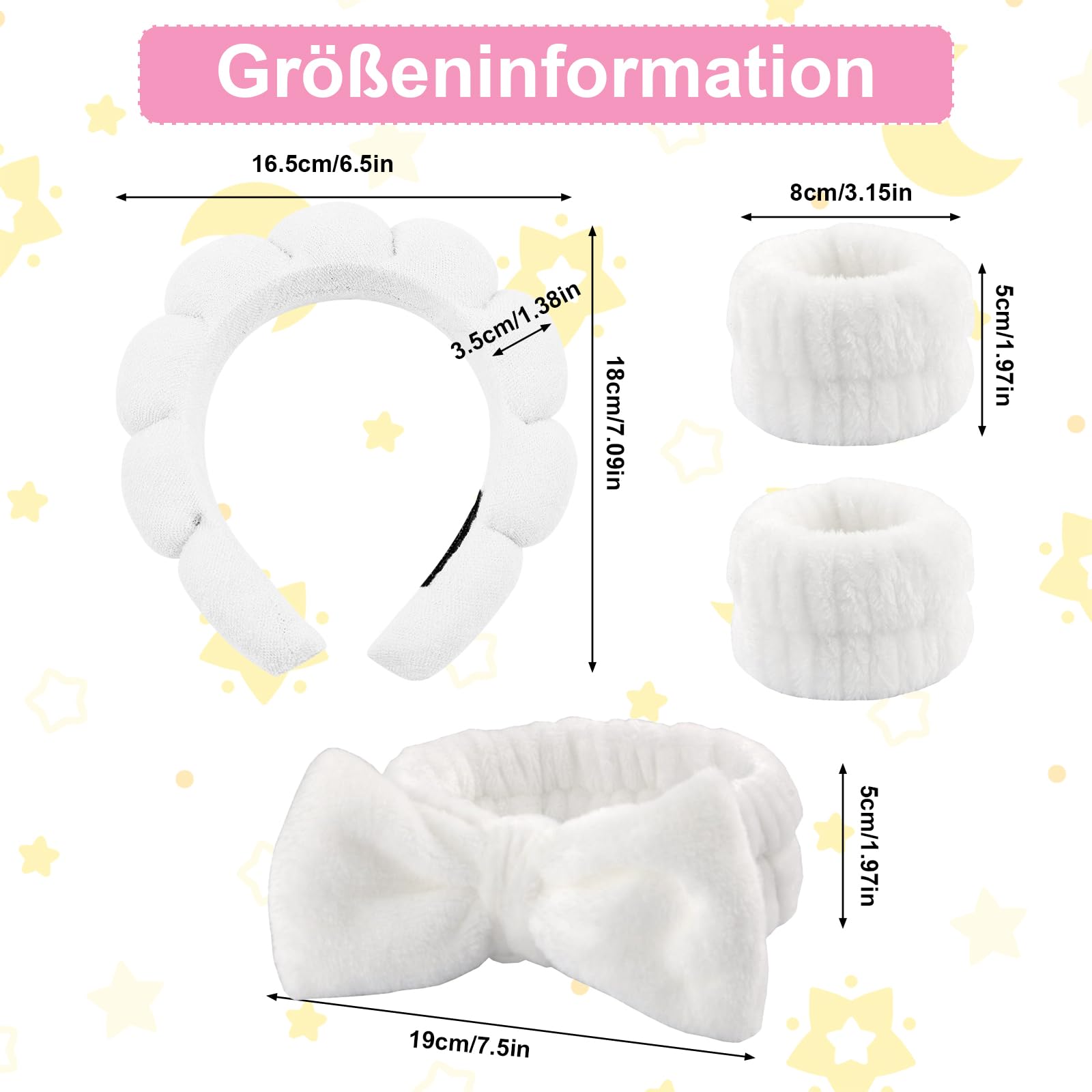 4 Pieces Spa Headband for Washing Face Skincare Terry Cloth Headband Wristband Set,Elastic Hairbands Face Washing Wristband,Sponge Puffy Makeup Headbands for Women Girls Shower,Sports,Yoga(White) - Image 2