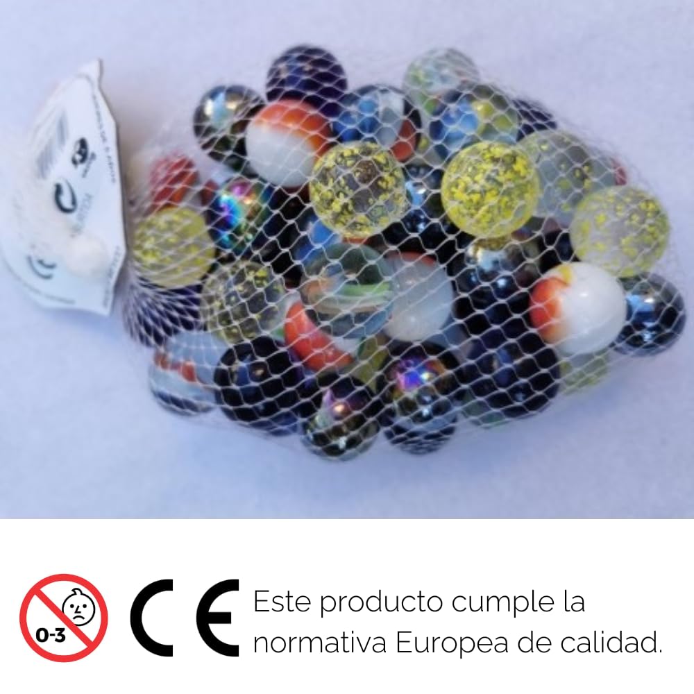 IAMI Canicas Surtidas 250g - 40 Cristal + 3 Super Mega. Transparentes, Marmoladas, Chinas