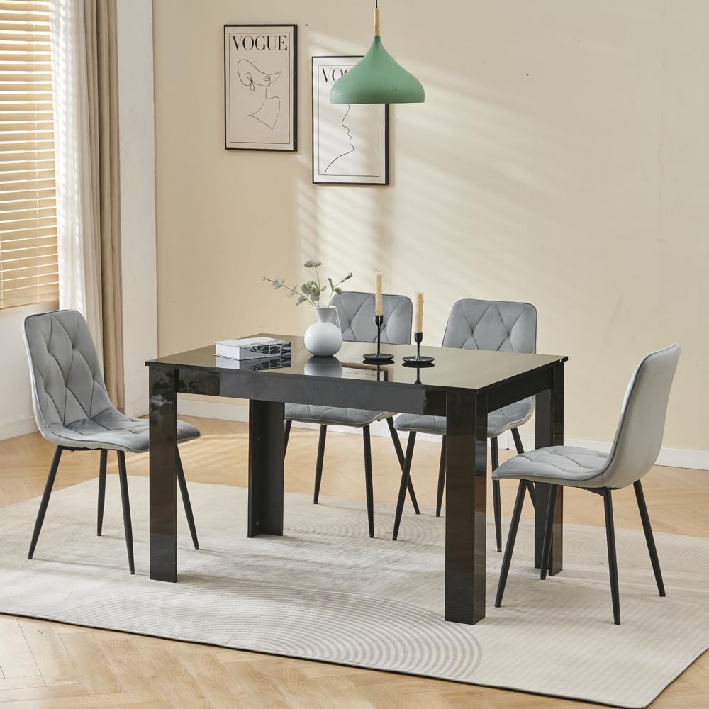 Menaka Wood Dining Table and Chairs Set of 4, Small Rectangular Kitchen Dinner Table with 4 Seaters (argyle grid grey velvet chairs#2, 120m high gloss black table, 4 seaters) — image 1