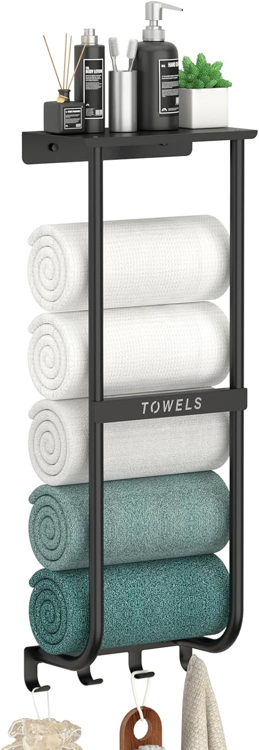 Towel Rack for Bathroom, Black Metal Wall Mounted Towel Holder with Shelf and 4 Hooks, Bathroom Towel Storage Organizer