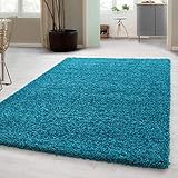 Teppich Hochflor Shaggy Teppich Unicolor einfarbig Teppich farbecht Türkis, Maße:120 cm x 170 cm