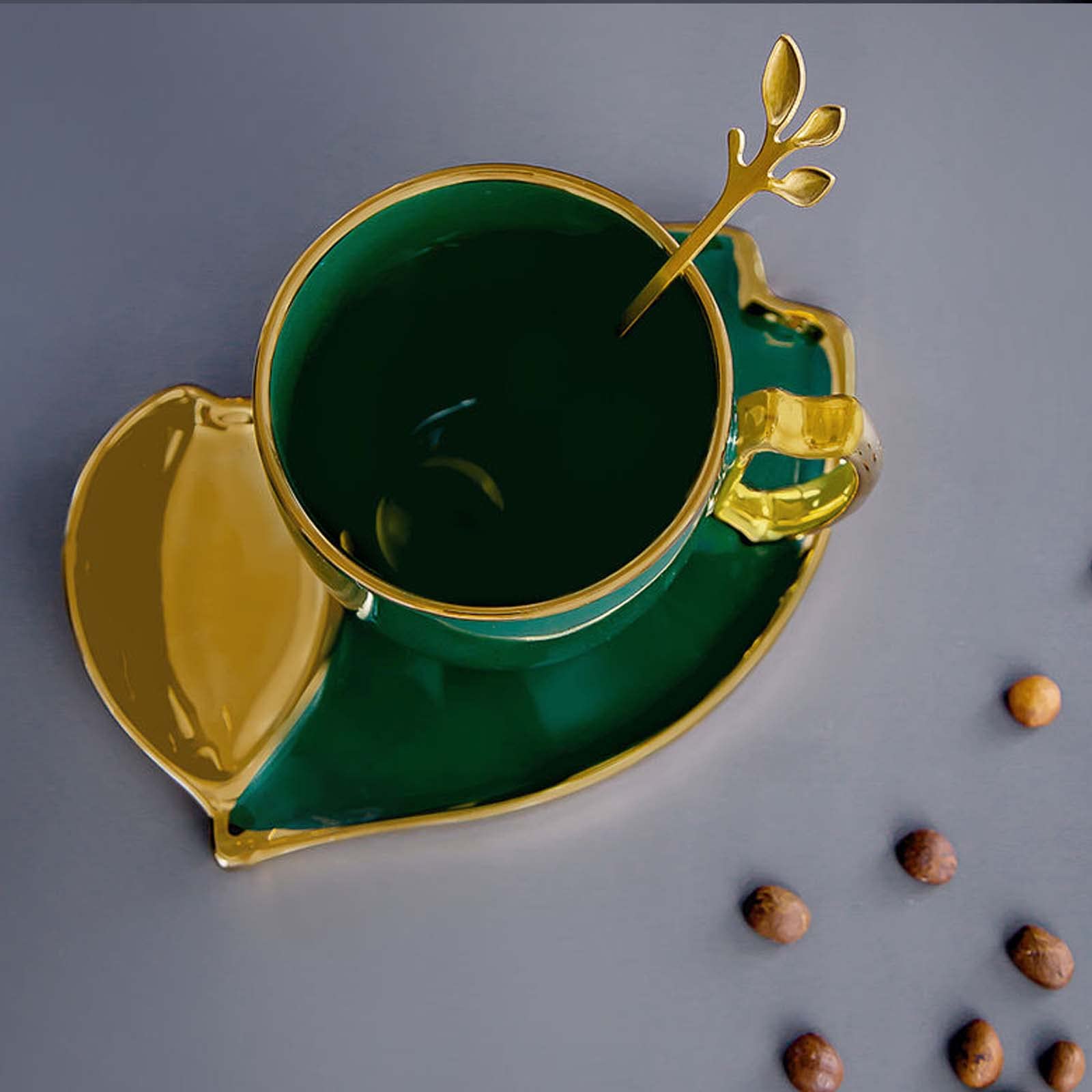 Ensemble de 2 tasses en porcelaine avec anse en forme de feuille, tasse à expresso avec soucoupes et cuillère – 165 ml/5,58 oz