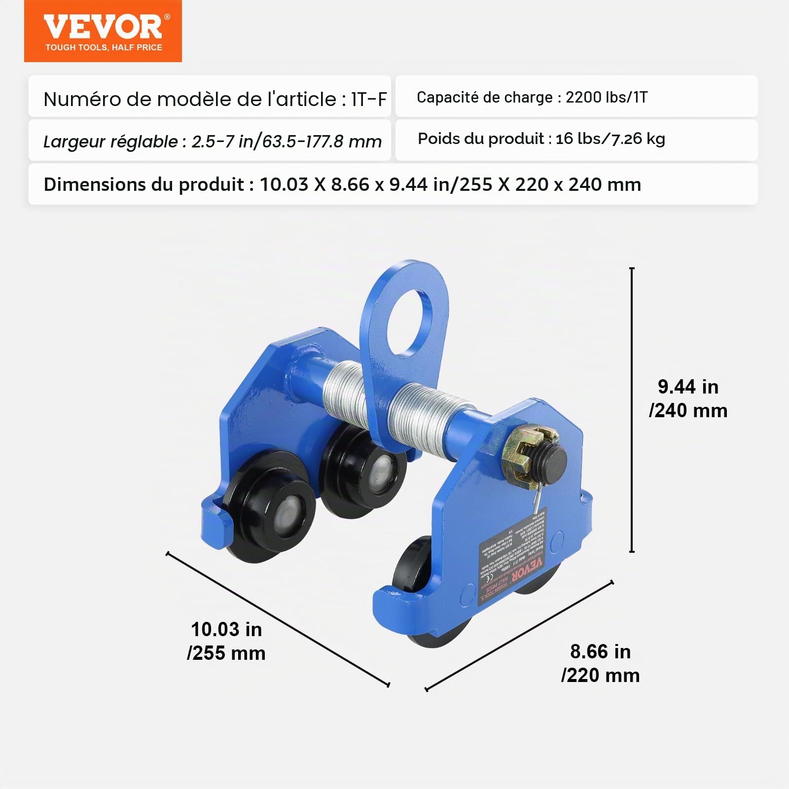 VEVOR Chariot Porte-palan Manuel, Charge 1 Tonne, Chariot à Poutre poussée 2 Roues, réglable pour Largeur Poutre I 63,5-177,8 mm, palan de Garage en Acier allié pour Poutre en I Droite et incurvée