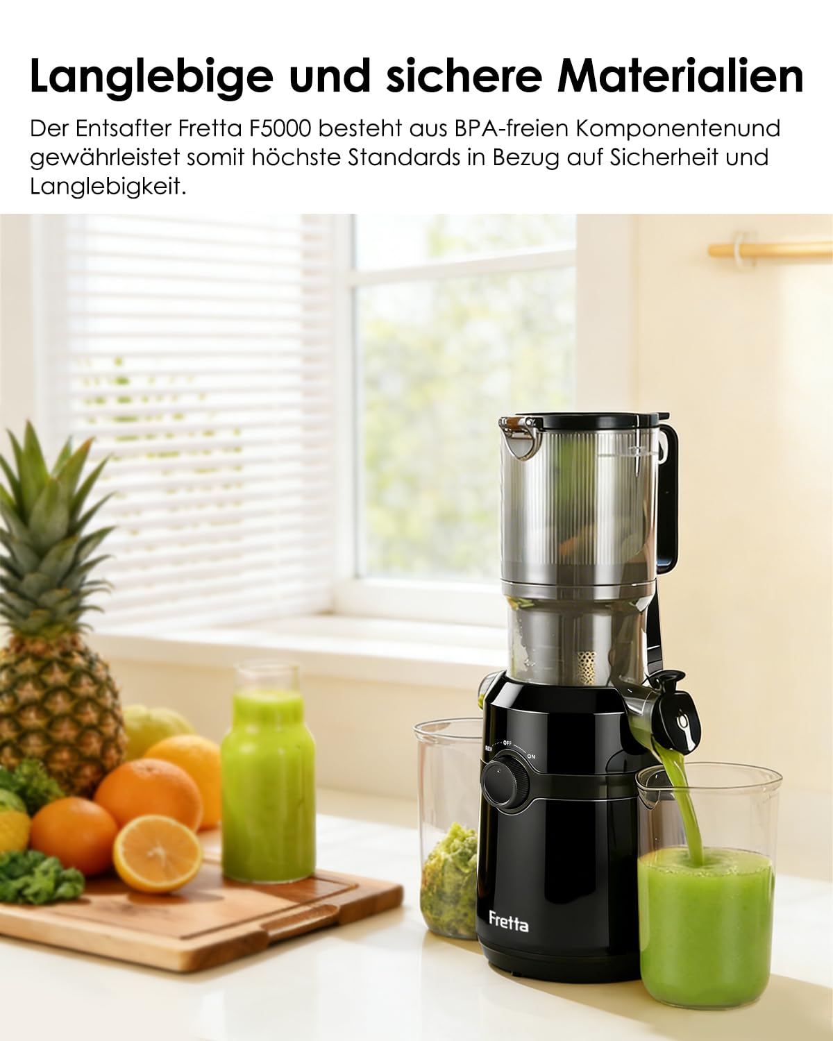 Fretta Entsafter,Slow Juicer mit 108MM Breite und Größere Fütterungsröhre,Füllvolumen für ganze Gemüse und Obst,BPA-frei Tritan-Material Entsafter,Einfacher Installation,200W