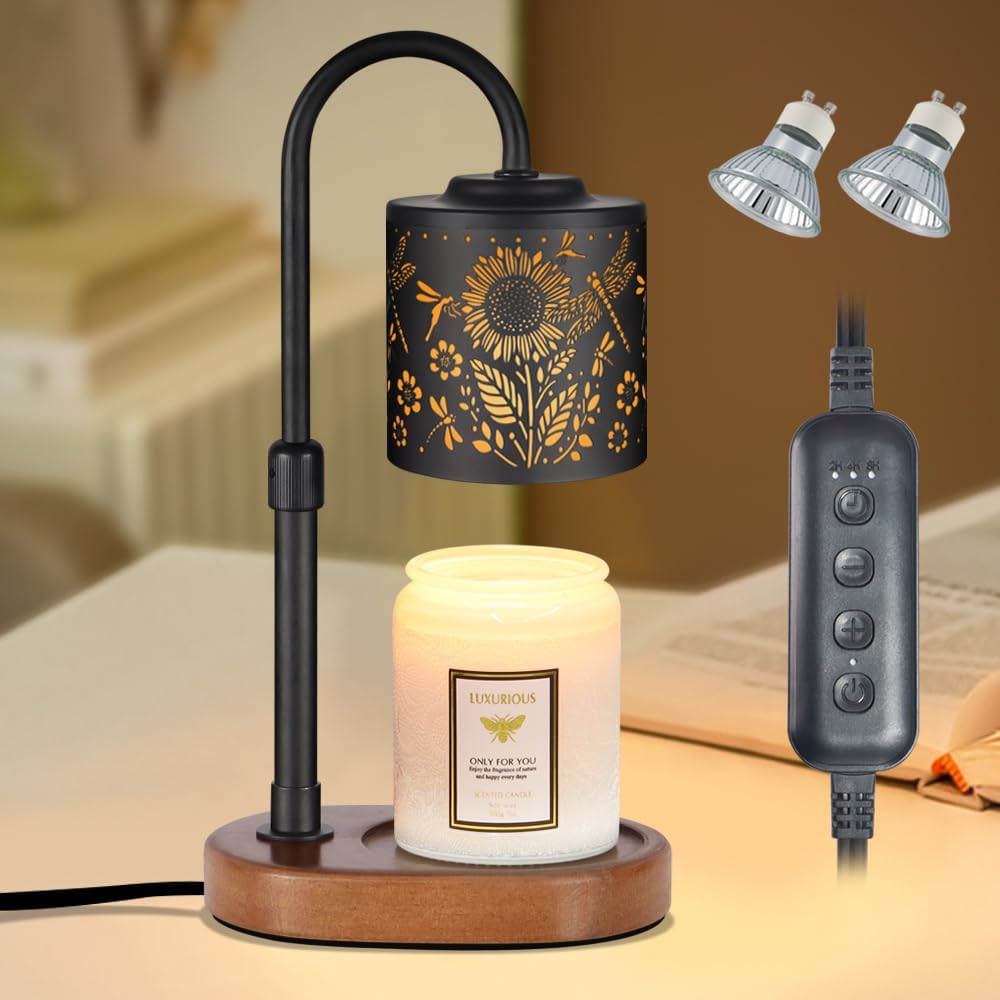 Dimmable Candle Warmer Lamp with Timer Adjustable Height for Scented Jar Candles Electric Candle Wax Melt Warmer for Home Decor Christmas Birthday Gifts for Women Mom(Sunflower+Dragonfly)