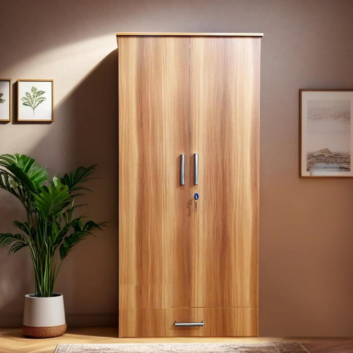 CASPIAN Engineered Wood Double Door Wooden Wardrobe (Light Brown) | Pre-Assembled Furniture | Cupboard/Almirah for Bedroom Clothes Storage Organizer with 4 Shelves, 3 Drawers with Key Locker-image-26