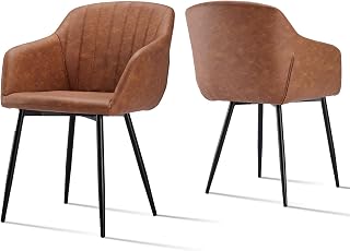 Sillas de Comedor con Reposabrazos Sillas Cocina Pack de 2 Silla Salon Cuero PU Patas de Metal para Cocina, Salon, Comedor, Marrón