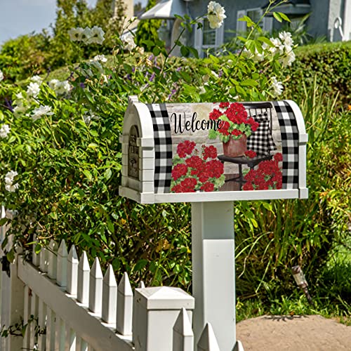 Image of Welcome Spring Geranium Flower Mailbox Cover Magnetic Standard Size 20.5 inch x 18 inch, Red Floral Buffalo Plaid Check Post Letter Box Wrap Decor Summer Farmhouse Garden Yard Outdoor Decoration