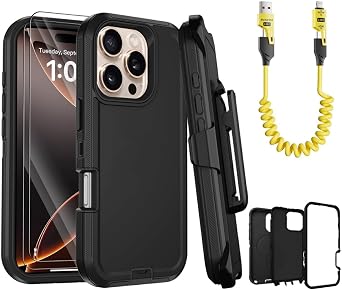 Defender Armor Case for iPhone 16 pro with Belt Clip Holster Black and scalble Charging Cable