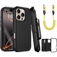 Defender Armor Case for iPhone 16 Plus with Belt Clip Holster Black and scalble Charging Cable