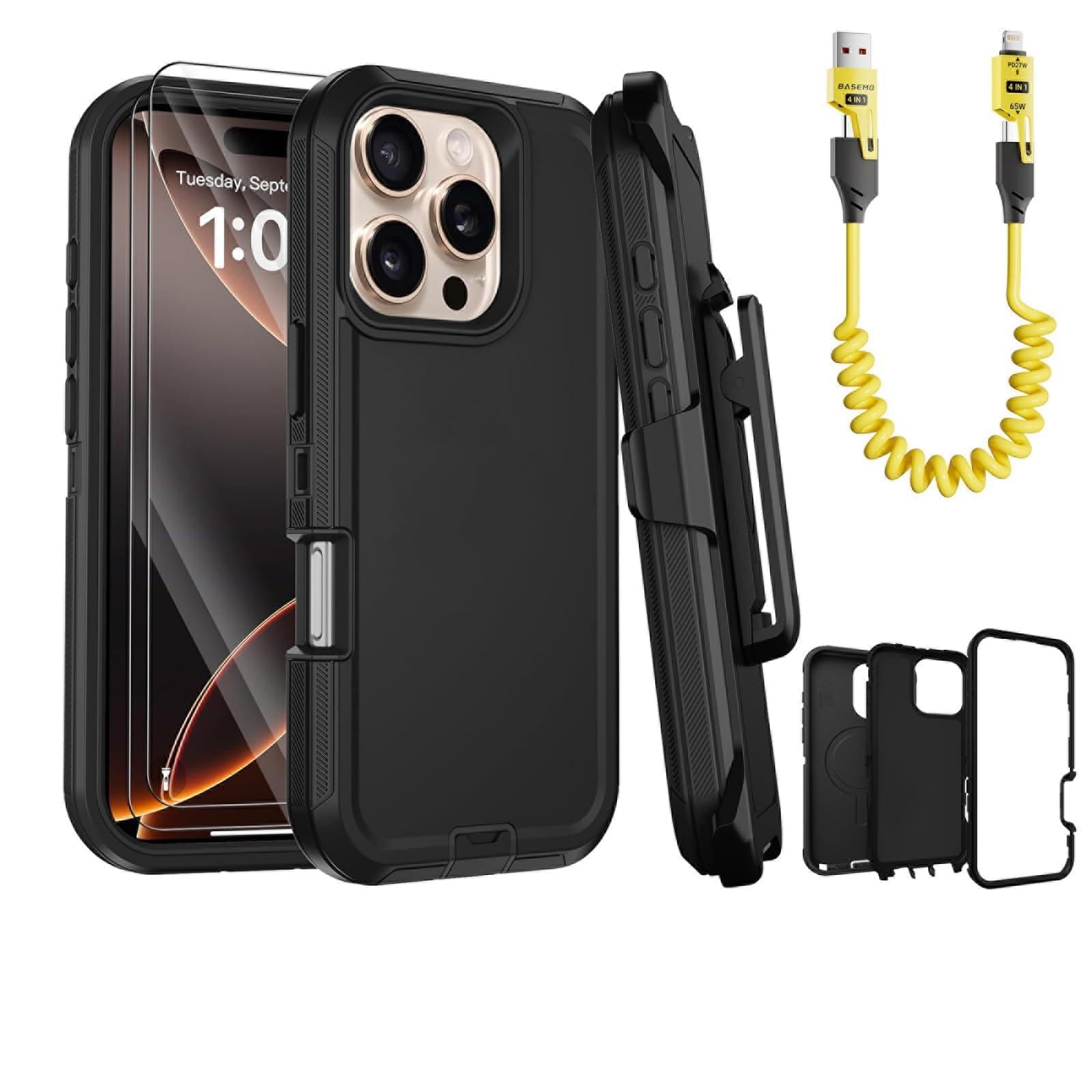 Coque iPhone 16 Pro Max Defender Armor noire holster clip ceinture et câble de charge - 8
