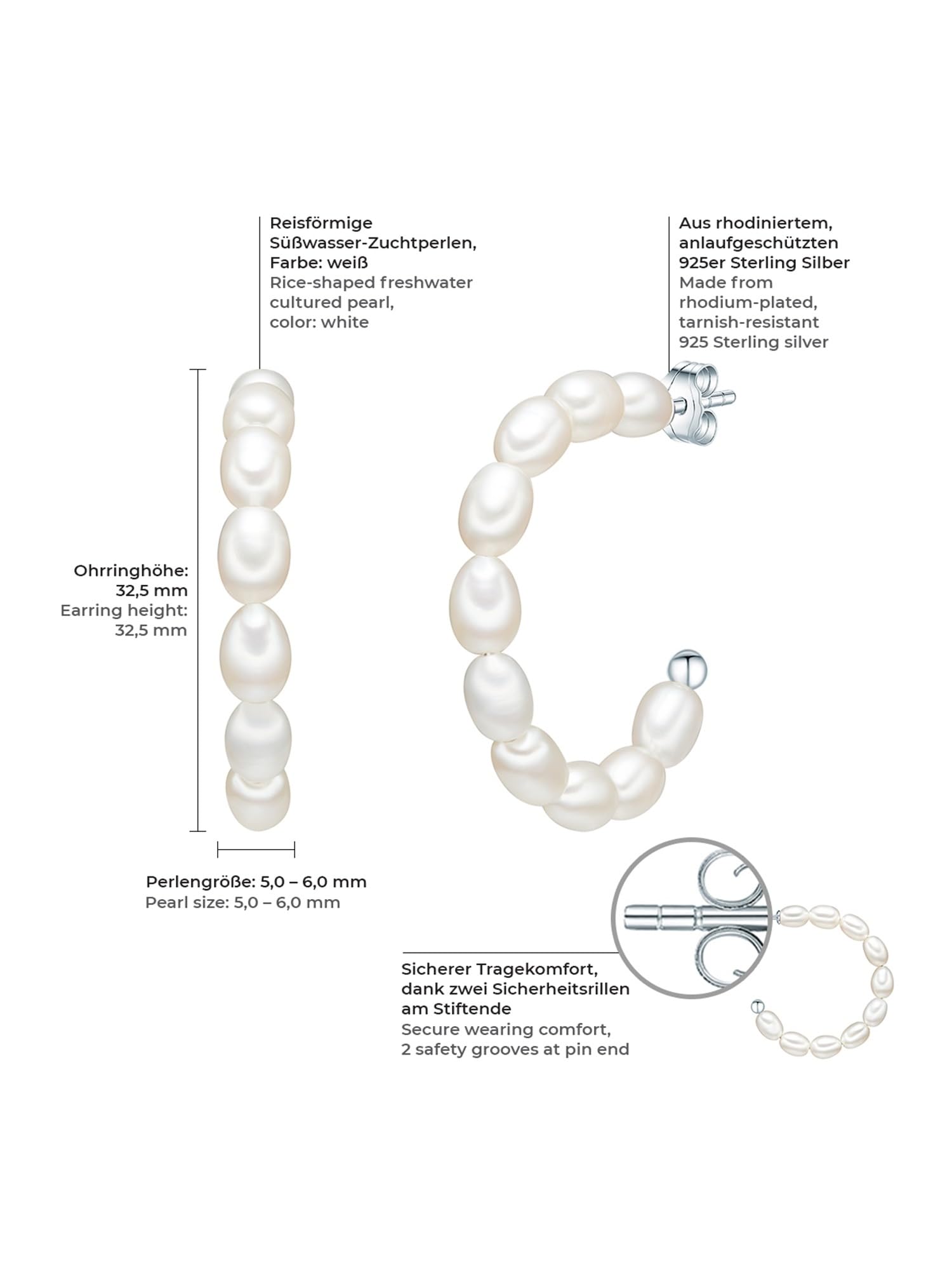 Valero Pearls Damen Perlencreolen aus 925/- Sterling Silber mit Süßwasser-Zuchtperlen Reisförmig 5-6 mm weiß Creolen Perlenohrschmuck Stecker