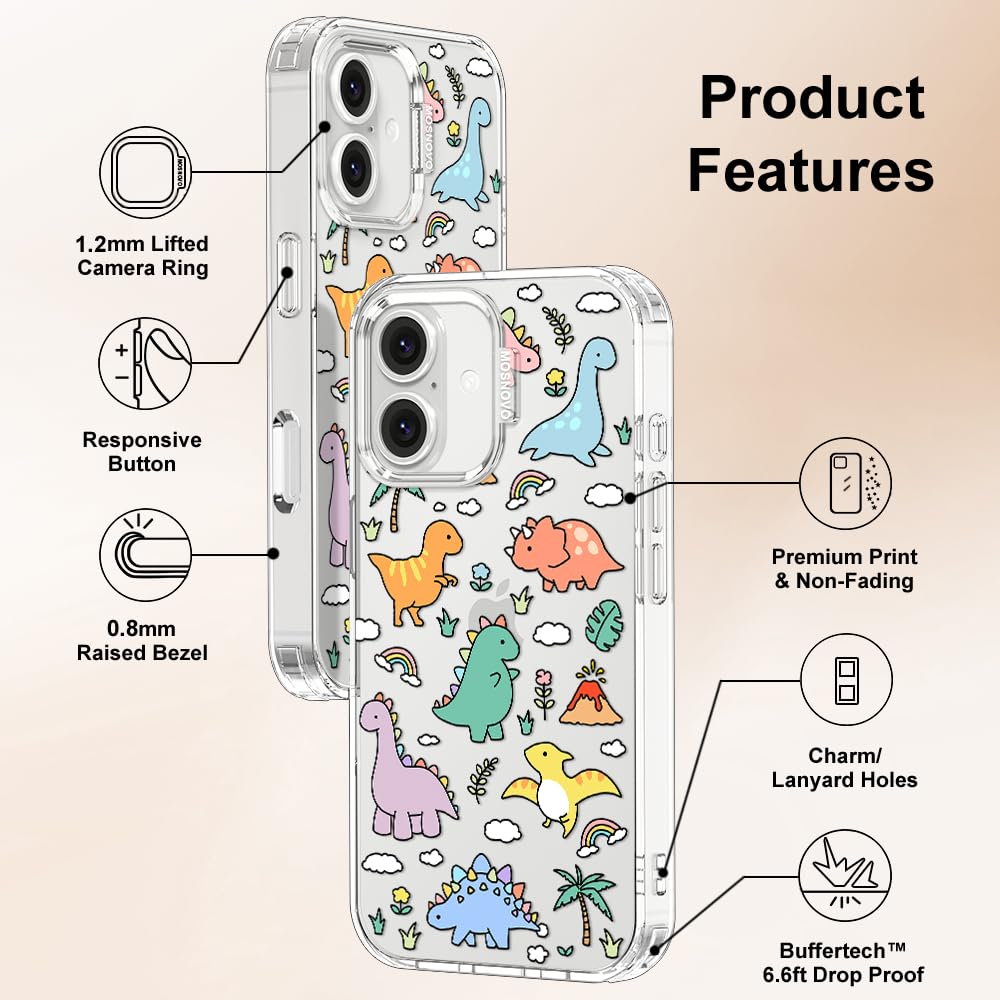 MOSNOVO Case for iPhone 16 Plus, [Buffertech 6.6ft Military-Grade Drop Protection] [Anti Peel Off Tech] Clear TPU Bumper Phone Case Cover Design - Dinosaur Land — view 6