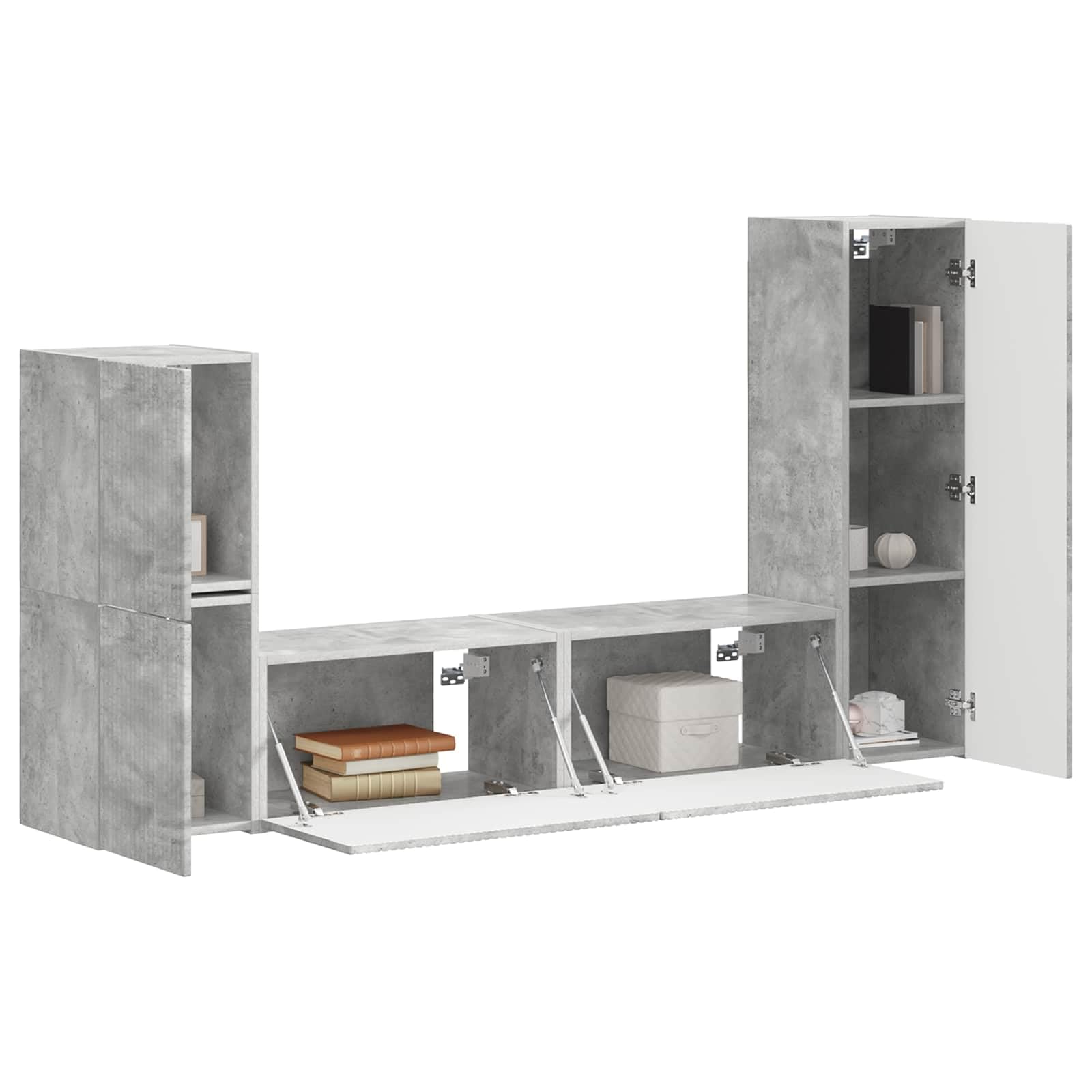 TV-Schrankset Wandmontiert 4-teilig, Beton Grau Holzwerkstoff, Modernes Media Center für Wohnzimmer, Elegantes Design mit Viel Stauraum