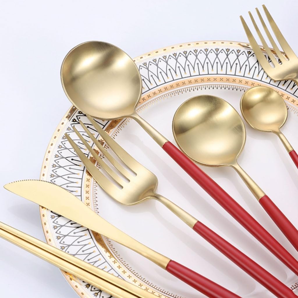Exquis Ensemble d'argenterie, Couteau, Fourchette et cuillère, Ensemble de Couverts en Acier Inoxydable, Couverts Occidentaux de Cuisine Domestique polis Miroir (Rouge) portatif