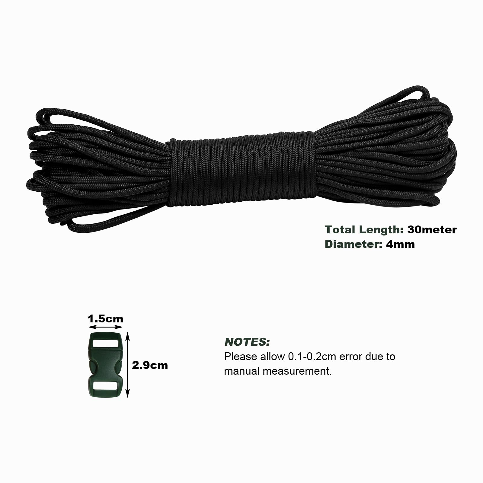 30M 550lb Paracord Rope 4mm Heavy Duty 7 Strand Nylon Cord Tent Rope Cord with Plastic Buckles for Camping Hand Crafting (4mm * 30M - Image 2