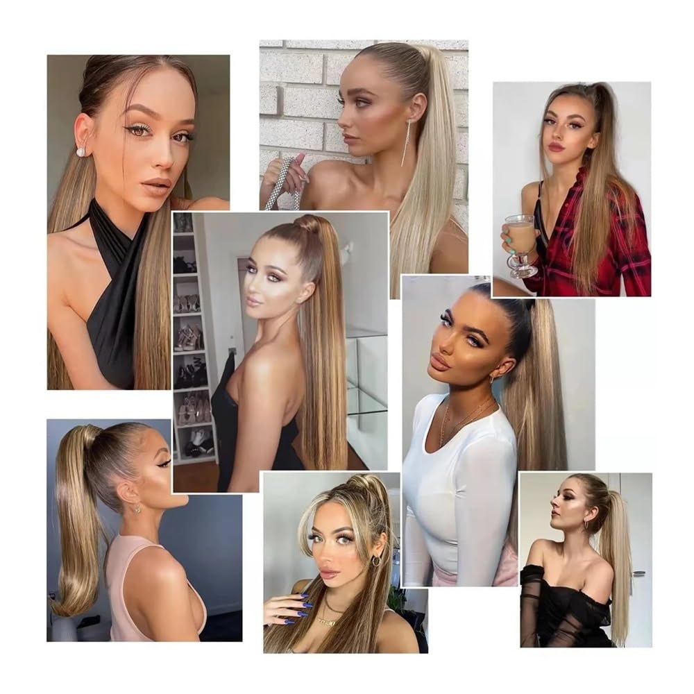 Extensions Haar Highlight Blonder langer Pferdeschwanz 120G Clip-In Haarverlängerungen Kordelzug Glatt Clip In 100% Echthaarverlängerungen #P8/613 Haarpflege(20inch)