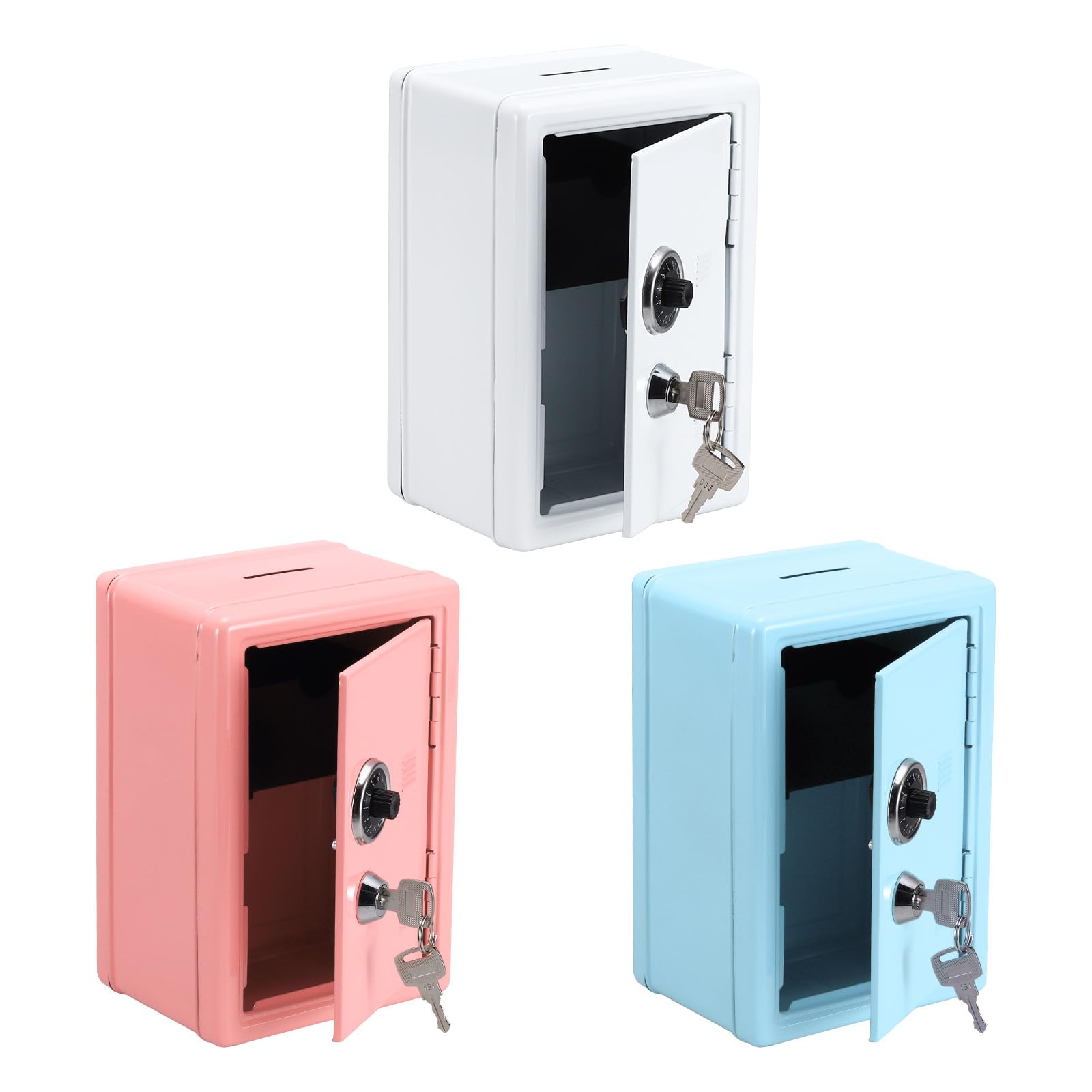 PATIKIL Lot de 3 tirelires avec serrure 18 x 12 x 10 cm (rose/blanc/bleu)