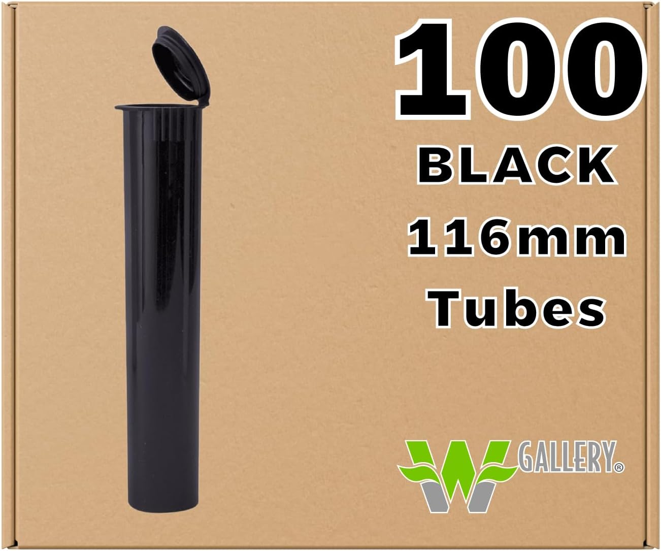 W Gallery 100 Black 116mm Open Cap Pop Top Tubes - Airtight Smell Proof Containers - Plastic Medical Grade Prescription Bottles for Pills Herbs Flowers Supplements, Bulk Pack, Not Glass Jars