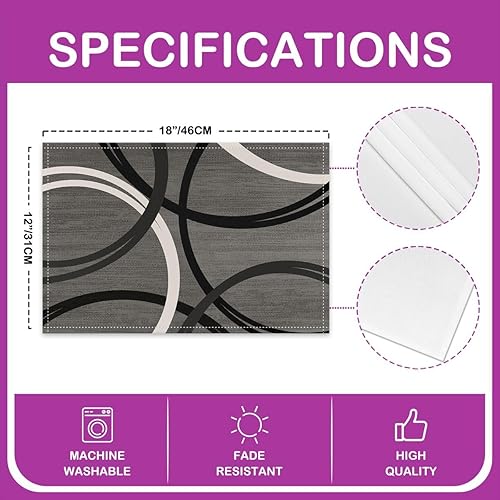 Miniatura 8 de Juego de 4 manteles individuales con estampado de círculos modernos de 12 x 18 pulgadas, color rojo, negro, blanco, gris, patrón geométrico, para