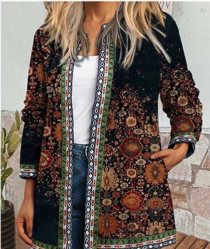 Womens Boho Floral Open Front Jacket Vintage Ethnic Print