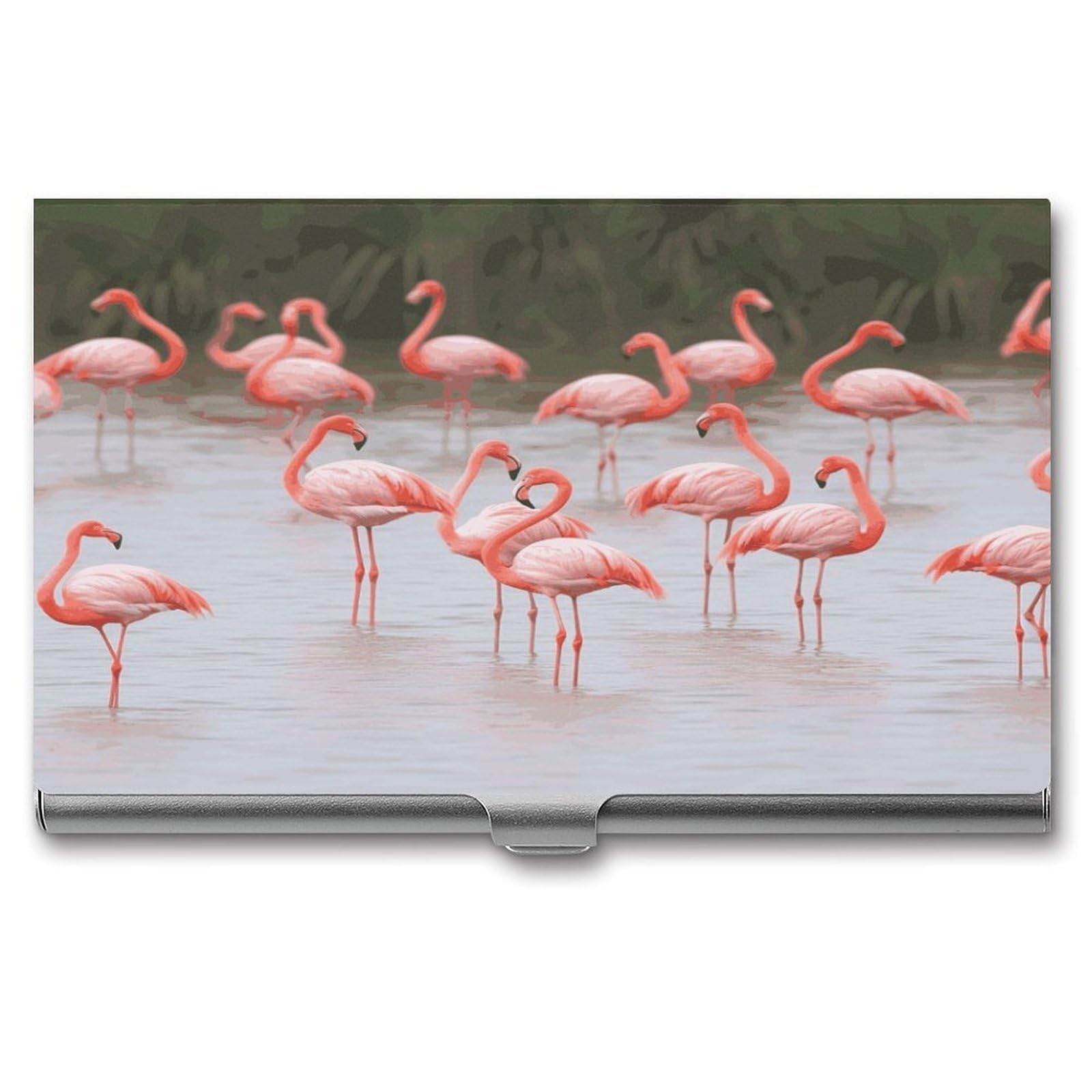 FekiLoot Pink Flamingos Business Card Holder for Men Women Metal Slim Organizer Business Card Carrier Wallet Name Cards Holder Retro Slim Pocket Purse Small Portable Card Case