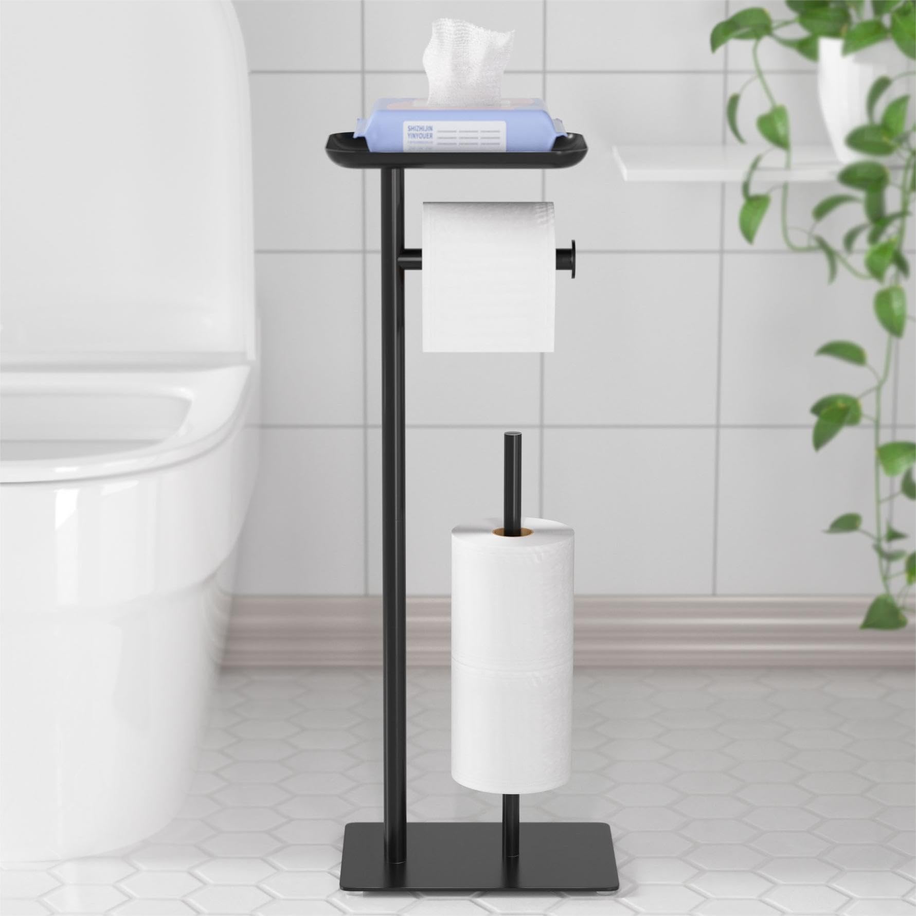 Toilet Paper Holder Stand with Top Storage Shelf, Matte Black Toilet Paper Roll Holder Free Standing, Floor Standing Toilet Roll Dispenser Storages 4 Reserve Rolls CAA75B5568