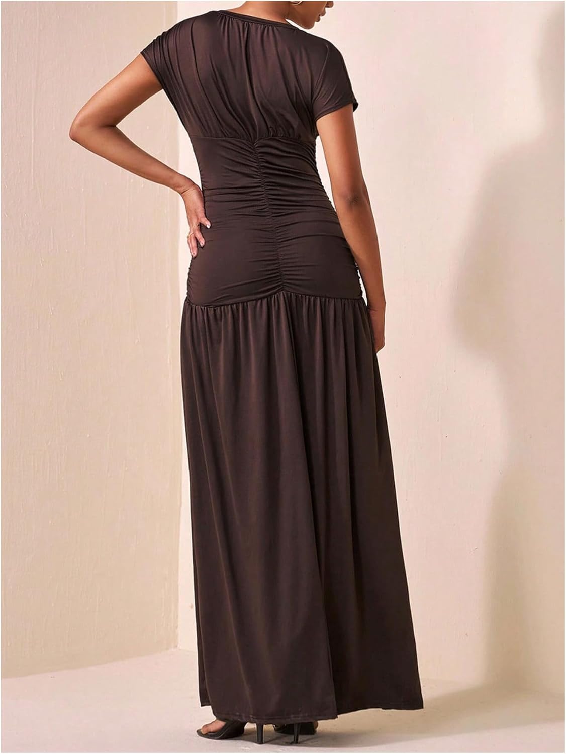 GORGLITTER Women's Ruched High Slit Bodycon Maxi Dress Short Sleeve Ruffle Long Cocktail Evening Dresses - Image 3